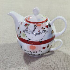 Christmas Stacking Individual Tea Pot and Cup "Oh Come Let Us Adore Me"